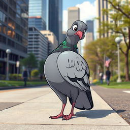 A cartoon-style pigeon with unusually large, rounded buttocks and webbed feet, perched on a city sidewalk