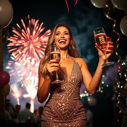 An extravagant New Year's Eve celebration depicting a gorgeous woman in a dazzling, sequined dress, joyfully holding a glass of champagne as fireworks explode in vibrant colors in the night sky behind her