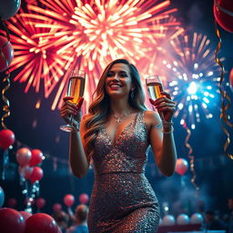 An extravagant New Year's Eve celebration depicting a gorgeous woman in a dazzling, sequined dress, joyfully holding a glass of champagne as fireworks explode in vibrant colors in the night sky behind her