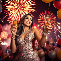 An extravagant New Year's Eve celebration depicting a gorgeous woman in a dazzling, sequined dress, joyfully holding a glass of champagne as fireworks explode in vibrant colors in the night sky behind her