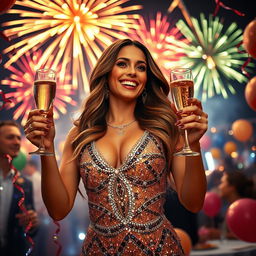 An extravagant New Year's Eve celebration depicting a gorgeous woman in a dazzling, sequined dress, joyfully holding a glass of champagne as fireworks explode in vibrant colors in the night sky behind her