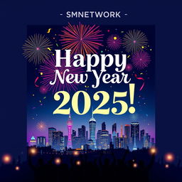 A joyful and vibrant New Year card for SMNETWORK 2025, featuring colorful fireworks exploding in the night sky above the skyline of a modern city