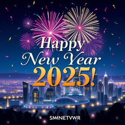 A joyful and vibrant New Year card for SMNETWORK 2025, featuring colorful fireworks exploding in the night sky above the skyline of a modern city