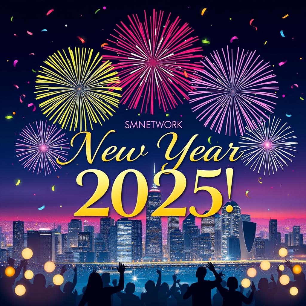 A joyful and vibrant New Year card for SMNETWORK 2025, featuring colorful fireworks exploding in the night sky above the skyline of a modern city