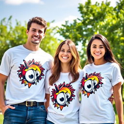 A vibrant outdoor scene featuring two individuals, a male and a female, both wearing matching white graphic t-shirts with an eye-catching design