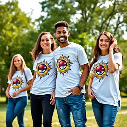 A vibrant outdoor scene featuring two individuals, a male and a female, both wearing matching white graphic t-shirts with an eye-catching design