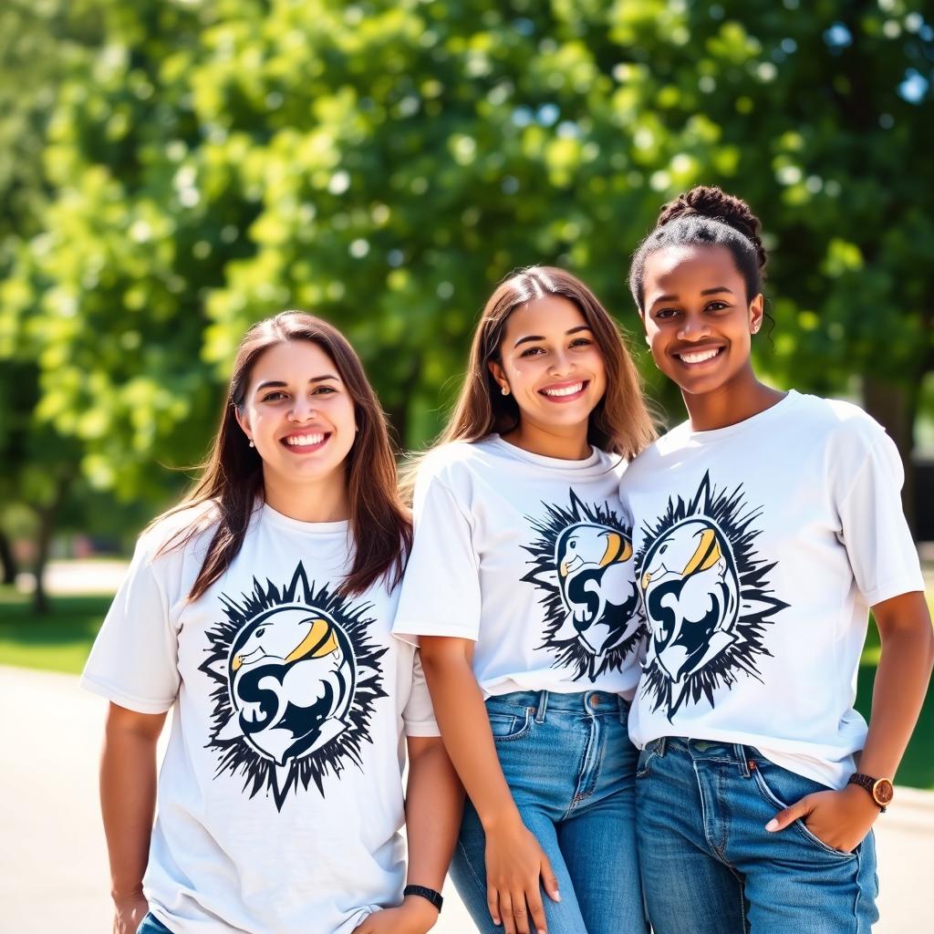 A vibrant outdoor scene featuring two individuals, a male and a female, both wearing matching white graphic t-shirts with an eye-catching design