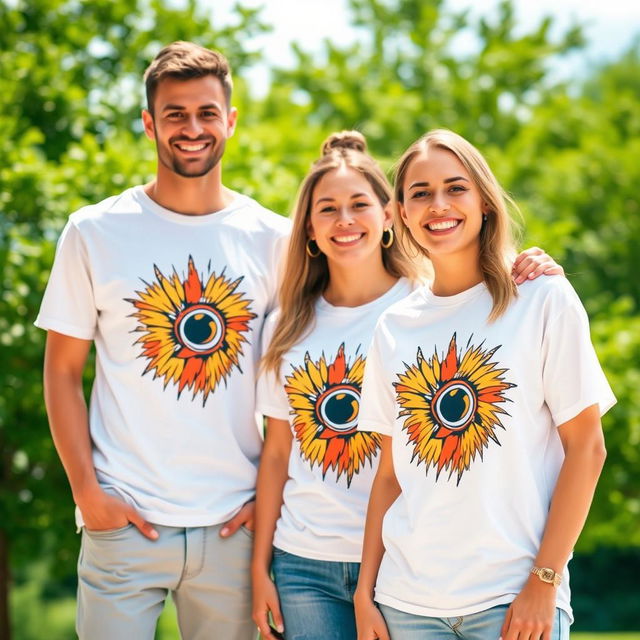 A vibrant outdoor scene featuring two individuals, a male and a female, both wearing matching white graphic t-shirts with an eye-catching design