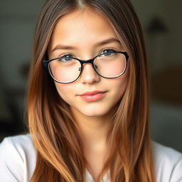 A portrait of a girl with beautiful hair cascading around her neck, wearing two stylish glasses