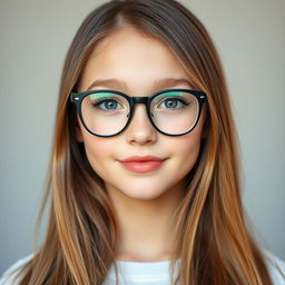 A portrait of a girl with beautiful hair cascading around her neck, wearing two stylish glasses