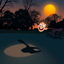 A whimsical scene depicting a man in a park at dusk, playfully startled by his own shadow on the ground