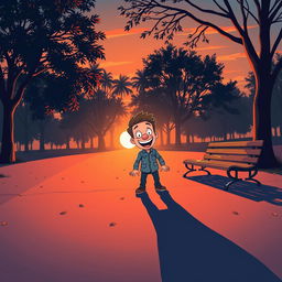 A whimsical scene depicting a man in a park at dusk, playfully startled by his own shadow on the ground