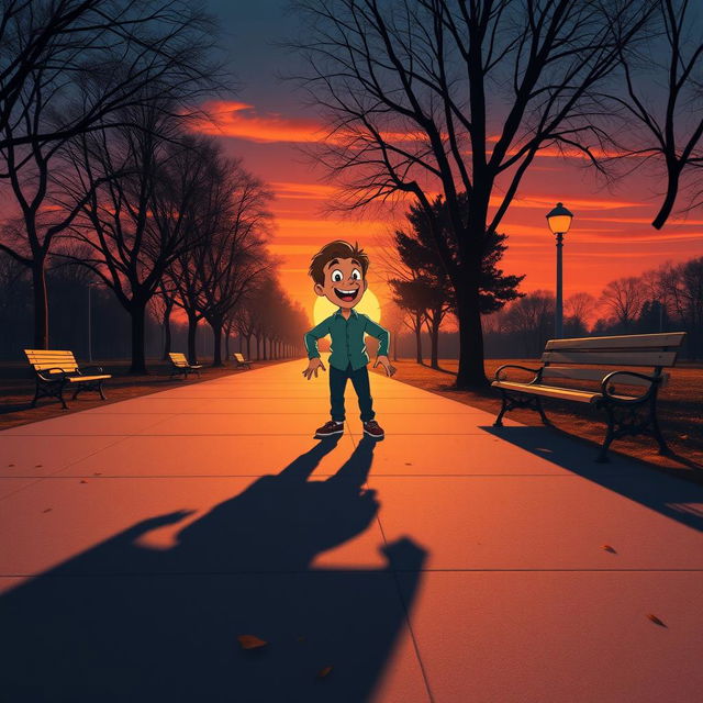 A whimsical scene depicting a man in a park at dusk, playfully startled by his own shadow on the ground