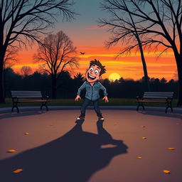 A whimsical scene depicting a man in a park at dusk, playfully startled by his own shadow on the ground
