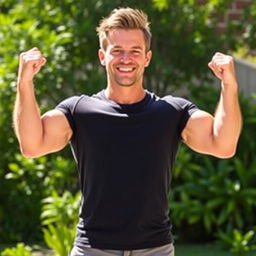 A person standing confidently, showcasing slightly larger and toned arms, wearing a fitted shirt that accentuates their muscles