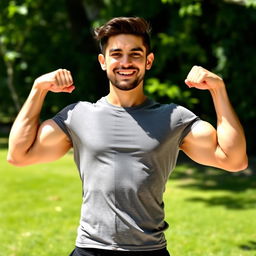 A person standing confidently, showcasing slightly larger and toned arms, wearing a fitted shirt that accentuates their muscles
