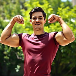 A person standing confidently, showcasing slightly larger and toned arms, wearing a fitted shirt that accentuates their muscles