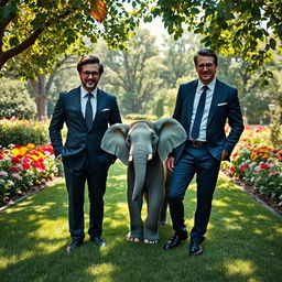 A charming scene featuring a little elephant playfully situated between two handsome, smart gentlemen