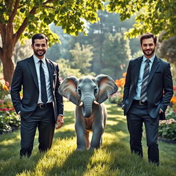 A charming scene featuring a little elephant playfully situated between two handsome, smart gentlemen