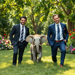A charming scene featuring a little elephant playfully situated between two handsome, smart gentlemen