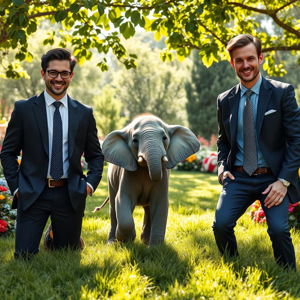 A charming scene featuring a little elephant playfully situated between two handsome, smart gentlemen