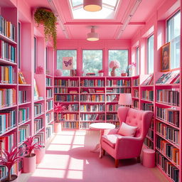 A charming pink-themed library, filled with colorful bookshelves that are overflowing with a variety of vibrant books