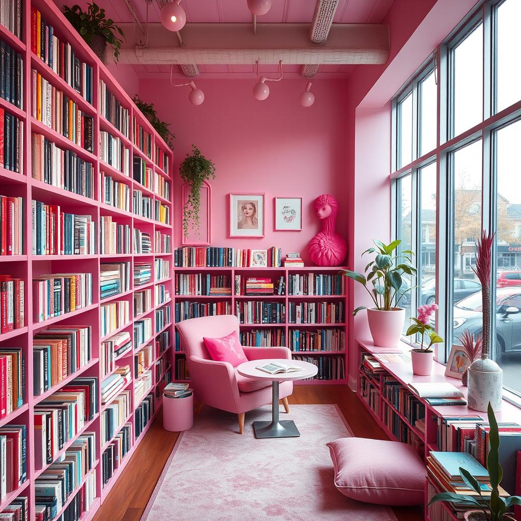 A charming pink-themed library, filled with colorful bookshelves that are overflowing with a variety of vibrant books