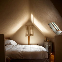 A classical bedroom located in an oddly shaped room with a single small window allowing natural light to filter in.