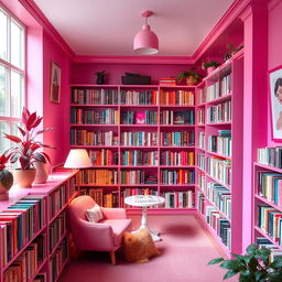A charming pink-themed library, filled with colorful bookshelves that are overflowing with a variety of vibrant books