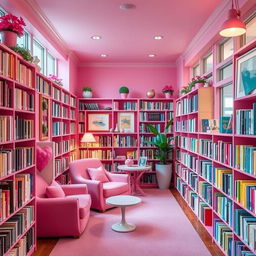 A charming pink-themed library, filled with colorful bookshelves that are overflowing with a variety of vibrant books