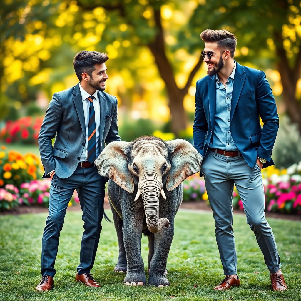 A delightful scene showcasing a little elephant playfully positioned between two handsome, smart, and youthful gentlemen