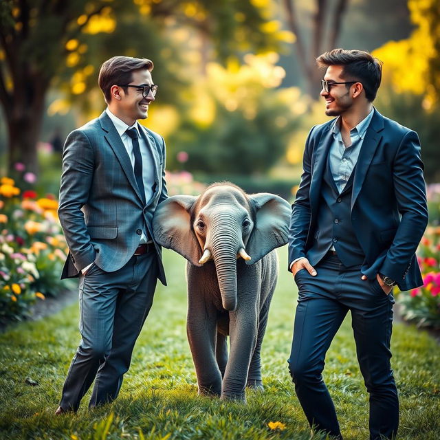 A delightful scene showcasing a little elephant playfully positioned between two handsome, smart, and youthful gentlemen