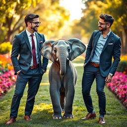 A delightful scene showcasing a little elephant playfully positioned between two handsome, smart, and youthful gentlemen
