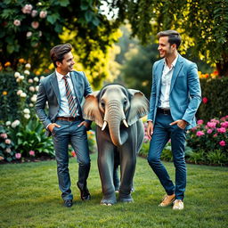 A delightful scene featuring a little cute elephant playfully positioned between two handsome, smart, and youthful gentlemen