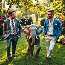 A delightful scene featuring a little cute elephant playfully positioned between two handsome, smart, and youthful gentlemen