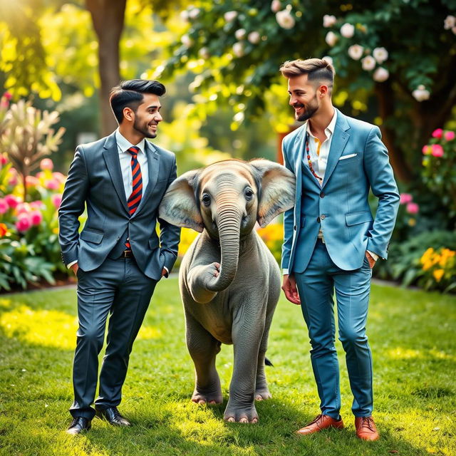 A delightful scene featuring a little cute elephant playfully positioned between two handsome, smart, and youthful gentlemen