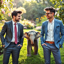 A delightful scene featuring a little cute elephant playfully positioned between two handsome, smart, and youthful gentlemen
