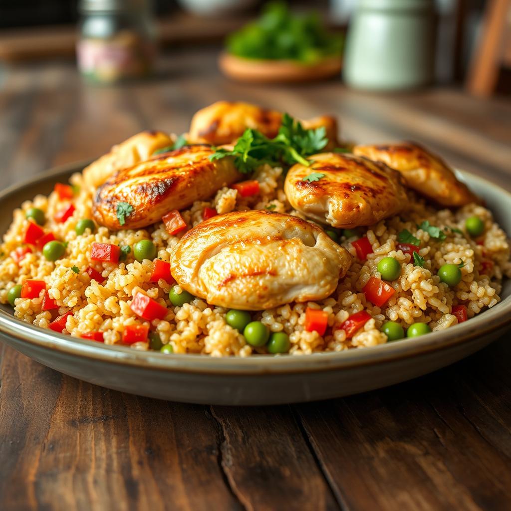 A delicious plate of chicken pilaf made with quinoa, showcasing perfectly cooked quinoa flecked with vibrant vegetables like diced red bell peppers and green peas