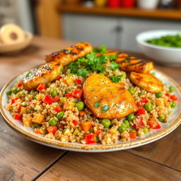 A delicious plate of chicken pilaf made with quinoa, showcasing perfectly cooked quinoa flecked with vibrant vegetables like diced red bell peppers and green peas