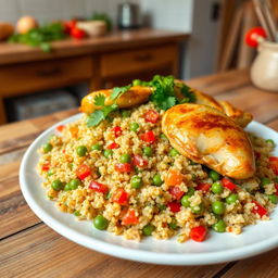 A delicious plate of chicken pilaf made with quinoa, showcasing perfectly cooked quinoa flecked with vibrant vegetables like diced red bell peppers and green peas