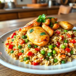 A delicious plate of chicken pilaf made with quinoa, showcasing perfectly cooked quinoa flecked with vibrant vegetables like diced red bell peppers and green peas
