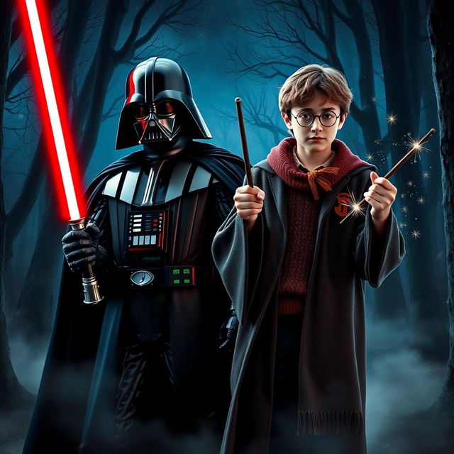 A dramatic crossover scene featuring Darth Vader and Harry Potter standing side by side in a mystical forest