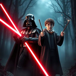 A dramatic crossover scene featuring Darth Vader and Harry Potter standing side by side in a mystical forest