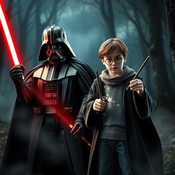 A dramatic crossover scene featuring Darth Vader and Harry Potter standing side by side in a mystical forest