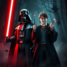 A dramatic crossover scene featuring Darth Vader and Harry Potter standing side by side in a mystical forest