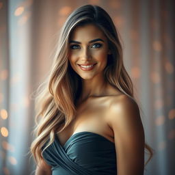 A portrait of a stunning woman with long flowing hair, a captivating gaze, and an alluring smile
