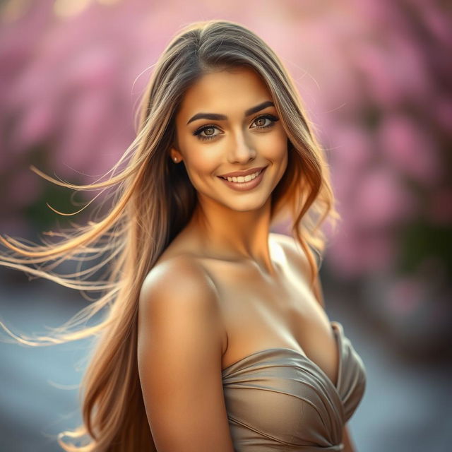 A portrait of a stunning woman with long flowing hair, a captivating gaze, and an alluring smile