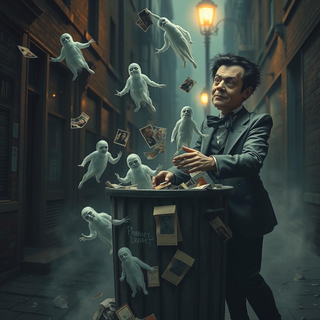 A surreal scene depicting a character with an eerie yet oddly playful demeanor, dressed in a vintage suit, tossing ghostly figures representing people from his past into a large, overflowing trash bin