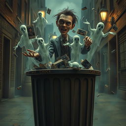 A surreal scene depicting a character with an eerie yet oddly playful demeanor, dressed in a vintage suit, tossing ghostly figures representing people from his past into a large, overflowing trash bin
