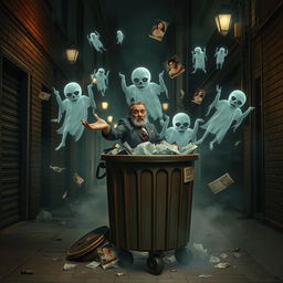 A surreal scene depicting a character with an eerie yet oddly playful demeanor, dressed in a vintage suit, tossing ghostly figures representing people from his past into a large, overflowing trash bin